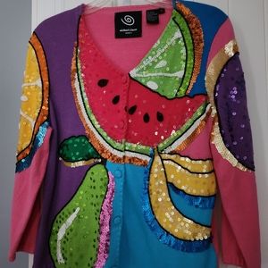 Vintage Michael Simon Event Fruit Sequin Embroidered Cardian Sweater